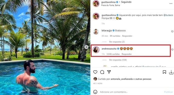 Andressa Suita reagiu com emojis apaixonados na foto de Gusttavo Lima