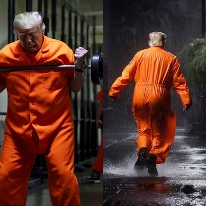 Há também imagens de Trump malhando na cadeia e depois fugindo do local em meio à chuva.