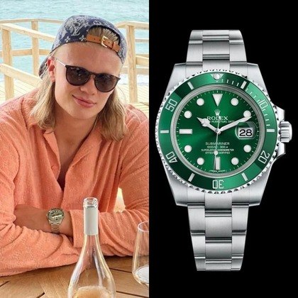 11. Rolex 'Hulk' - £22,500 (R$ 141,1 mil)O Rolex Submariner Hulk foi lançado em 2010 e agora é um verdadeiro item de colecionador. Originalmente, custava cerca de 7,6 mil libras (R$47 mil, na cotação atual), mas o preço disparou desde que a marca descontinuou o modelo. Haaland apareceu usando o item em um dia de folga, durante a pré-temporada deste ano