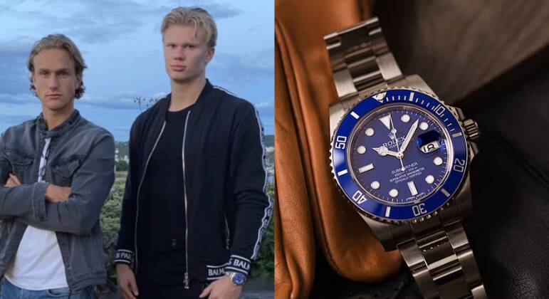 10. Rolex 'Smurf' - £37,800 (R$ 237,1 mil)Disponível em ouro branco 18k, o 'Smurf' tem uma luneta e um mostrador azul que combinam entre si, além de grandes marcadores de horas luminescentes. Considerando que Haaland defende a parte azul de Manchester, o acessório cai muito bem para o craque