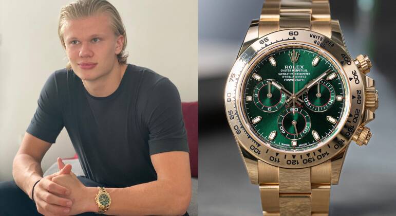 8. Rolex Daytona Green Dial - £77,200 (R$ 484 mil)Um dos relógios mais procurados da marca, inclusive pelo astro pop Drake, que também tem um, o modelo foi lançado em 2016 e é um verdadeiro clássico. Todo desenhado nas cores 'ouro amarelo' e com um mostrador verde, Haaland não deixaria este relógio fora da coleção