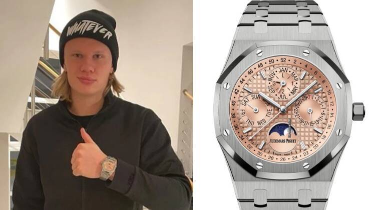 2. Audemars Piguet Royal Oak salmon dial - £241,275 (R$ 1,5 milhão)Pelas redes sociais dá para saber que Haaland investiu em pelo menos dois relógios Royal Oak Audemars Piguet. O primeiro apresenta um mostrador cor de salmão, um padrão 