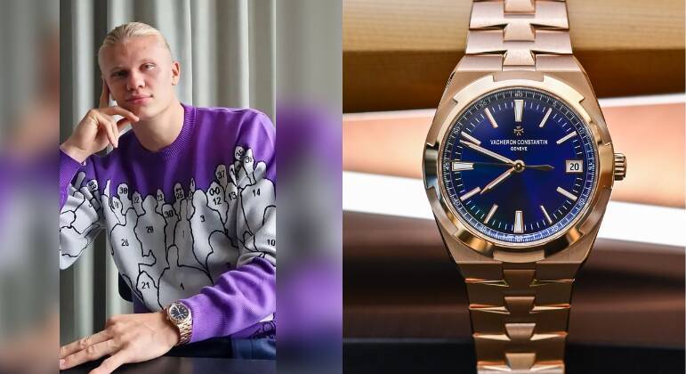 4. Vacheron Constantin Overseas - £145,940 (R$ 915 mil)Mais um da coleção milionária do craque do City, este Vacheron é um dos itens menos vistosos, apesar do preço elevado. Com um mostrador azul e ponteiros característicos da marca, o Vacheron Constantin Overseas de Haaland é todo feito em rose gold e ainda conta com um pequeno mostrador de dias do lado direito da luneta