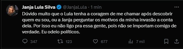 Janja Lula repudia ataques de ódio a perfil de apoiadores