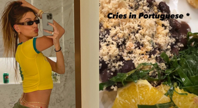Hailey Bieber posta foto com camisa do Brasil e comidas brasileiras