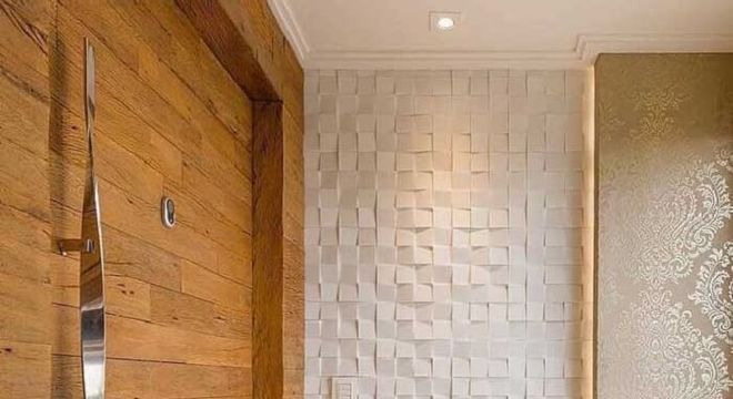 Hall de entrada mescla madeira com parede de placa de gesso 3D