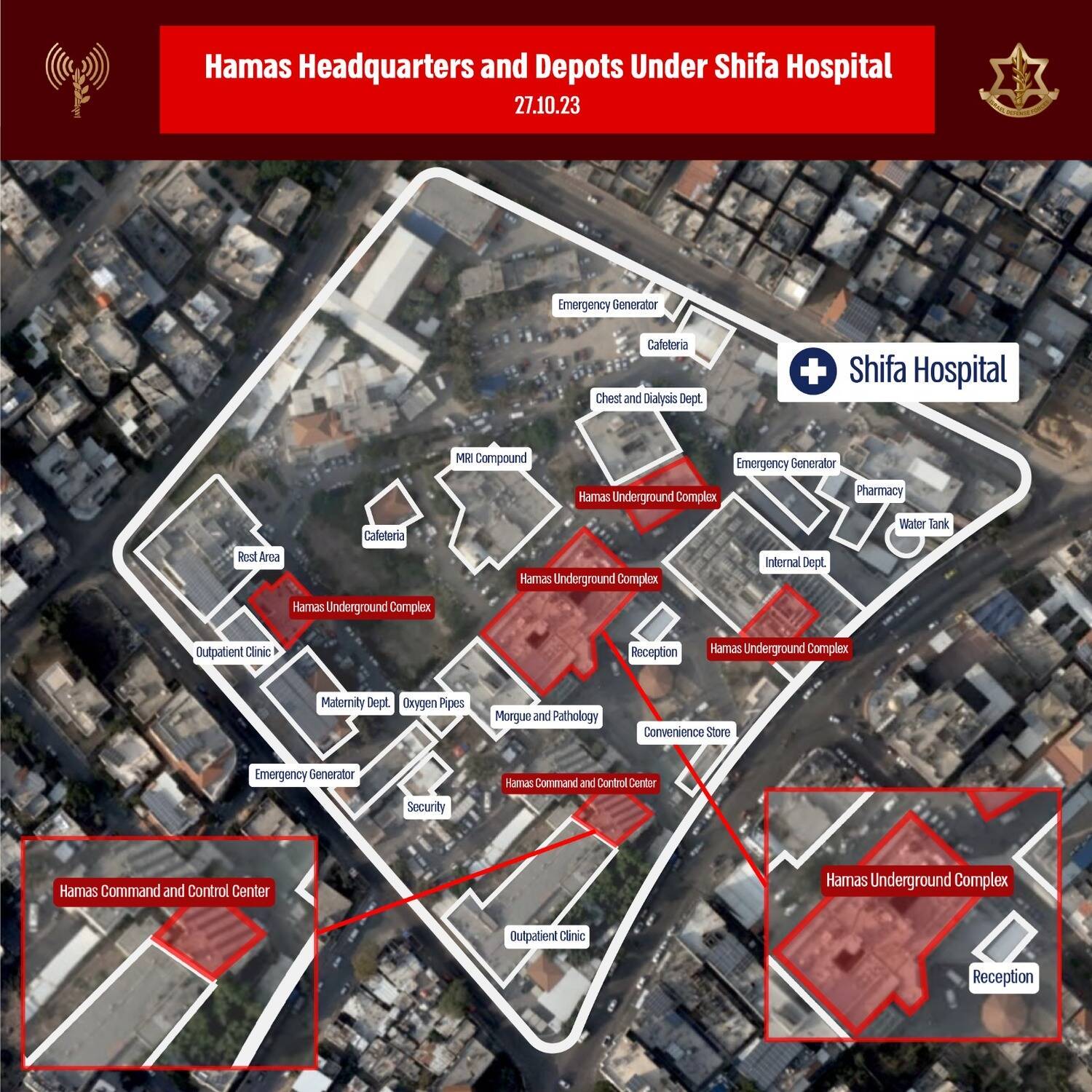 Imagem mostra, em vermelho, locais subterrâneos no hospital usados pelo grupo terrorista