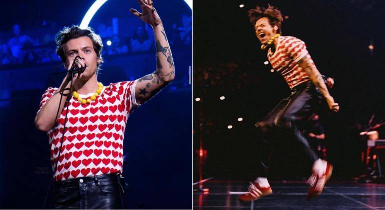 As regatas parecem ser as prediletas do inglês. No único show em Nova Iorque, Harry vestiu uma regata estampada com vários corações e uma calça de couro preta