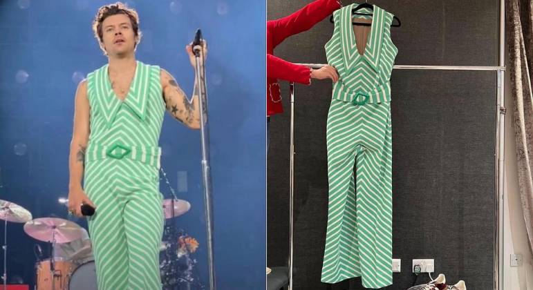 Para o show em Dublin, na Irlanda, Harry utilizou um look monocromático verde. O cantor usou calça, cinto e colete no mesmo design