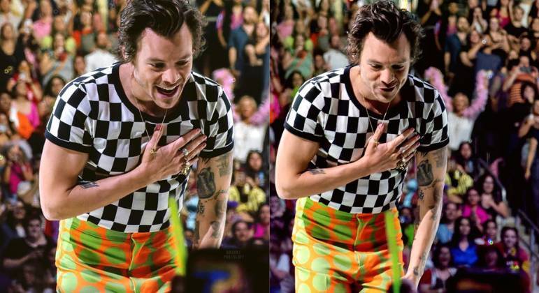 Na cidade americana de Austin, nos Estados Unidos, Harry também foi com um look bem estampado. A blusa era xadrez e a calça bem colorida e cheia de bolinhas 