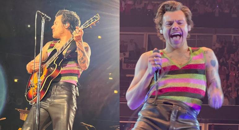Em um dos vários shows em Chicago, nos Estados Unidos, o ex-integrante do One Direction vestiu uma calça preta de couro bem apertada e uma regata gola V listrada com paetê 