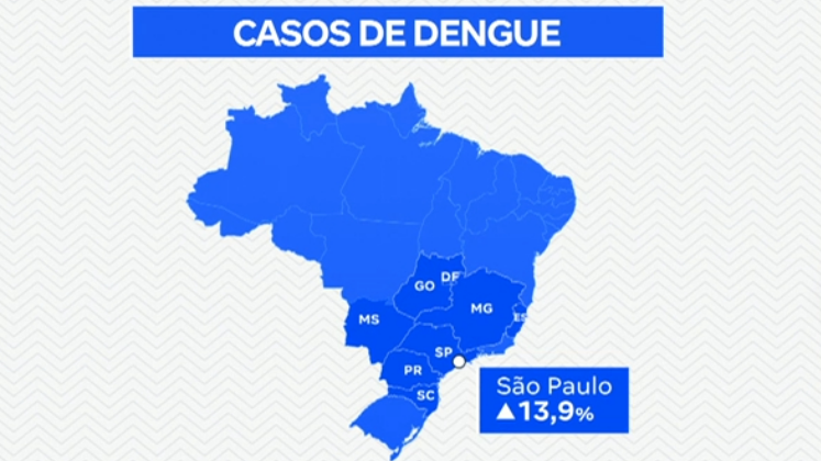Dados do Ministério da Saúde mostram que, em 2023, o Brasil registrou o maior número de mortes por dengue da história, foram mais de mil. Além disso, o número de casos passou de 1,5 milhão. Espírito Santo, Minas Gerais, Santa Catarina, Paraná, Mato Grosso do Sul, Distrito Federal e Goiás, foram os estados com a maior incidência do ano