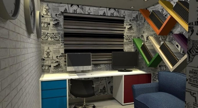 Home office com papel de parede 3D de tijolinhos Projeto de Rafael Cunha