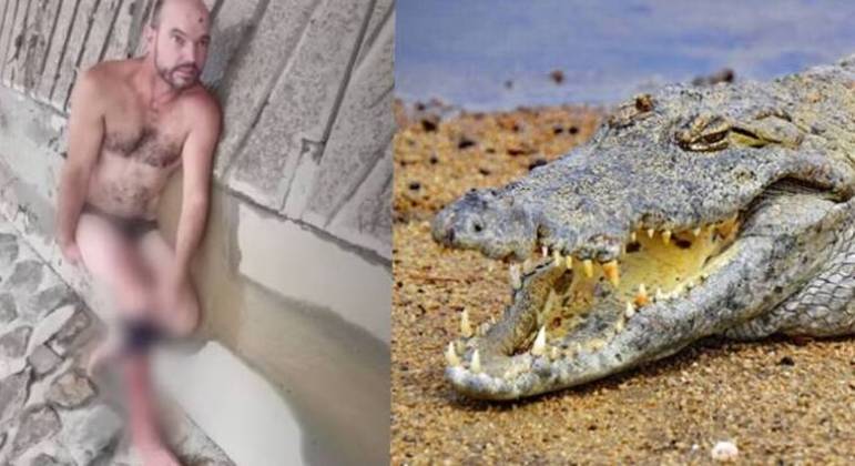 Empresário com pára-quedas caindo em crocodilos famintos