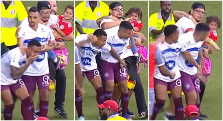 Torcedor do Inter invade campo com criança no colo e agride atleta do Caxias