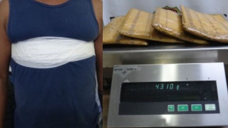 Um passageiro usou uma cinta abdominal recheada de droga para tentar embarcar em um voo no Aeroporto Internacional de Guarulhos, na Grande São Paulo, mas foi flagrado e detido pela Polícia Federal, na madrugada desta sexta-feira (30)