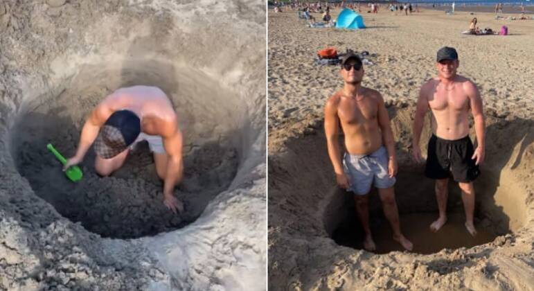 Amigos fizeram o buraco com uma pá de criança
