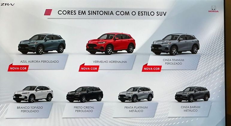 Sete cores disponíveis na linha do ZR-V sem cobrança adicional 