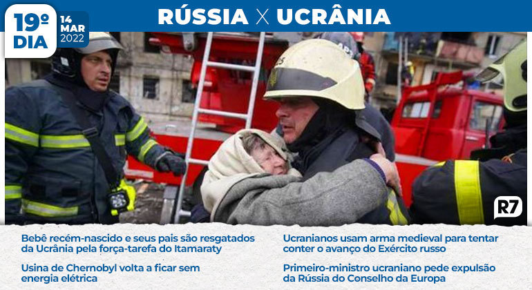 Idosa abraça bombeiro após ser retirada de prédio bombardeado próximo a Kiev. Neste dia, um bebê recém-nascido e seus pais são resgatados da Ucrânia pela força-tarefa do Itamaraty e ucranianos usam arma medieval para tentar conter o avanço do exército russo