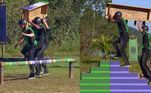 A Equipe Esmeralda deu start ao desafio e começou a montar um coqueiro na primeira etapa. Os participantes tiveram que carregar as peças de um lado para o outro enfrentando uma série de obstáculos