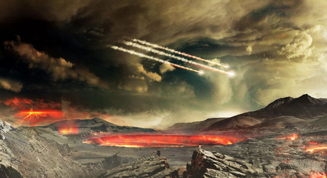 Ilustração de meteoritos bombardeando a Terra