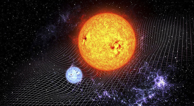 Segundo Einstein, os corpos têm um efeito de curvatura na estrutura do espaço-tempo ao seu redor 