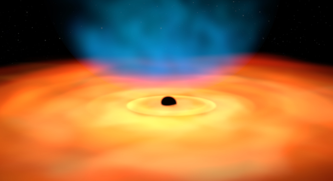 Ilustração do disco do gás e da poeira em torno de um buraco negro