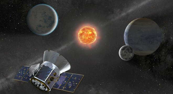 Ilustração do satélite Tess em busca de exoplanetas no espaço; missão deve ir pelo menos até 2022