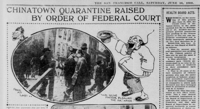Ilustração e imagens em jornal californiano retratam moradores de Chinatown depois de fim de quarentena em 1900 — imposta após casos de peste bubônica