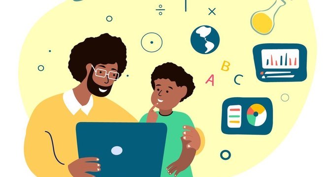 Ilustração mostra homem e criança olhando para computador, rodeados por desenhos remetendo ao conhecimento, como de um planeta, letras, tubo de ensaio