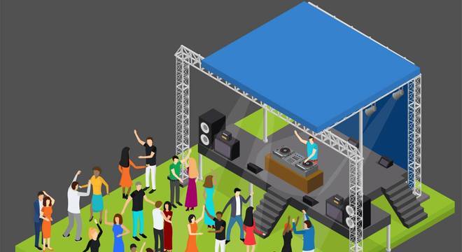 Ilustración isométrica de una fiesta con gente bailando.