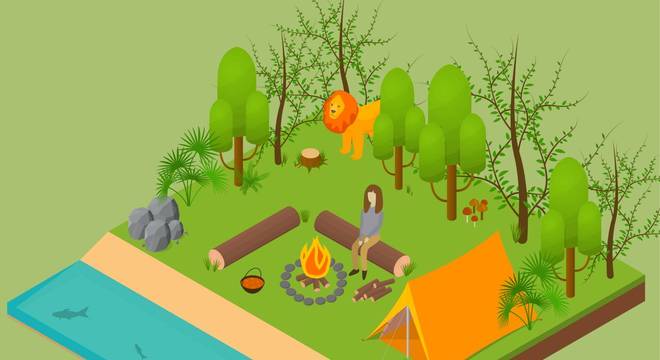 Ilustración isométrica de una mujer acampando en la selva.