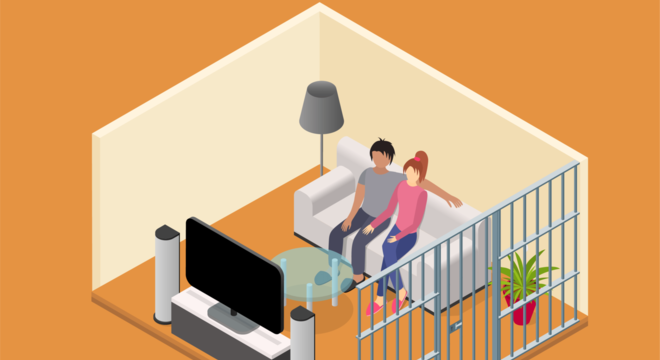 Ilustración isométrica de una pareja mirando TV enjaulados.