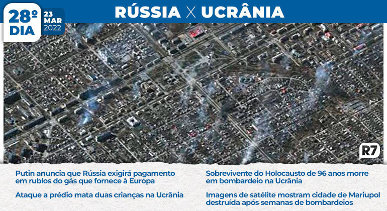 Imagens de satélite mostram cidade de Mariupol destruída após semanas de bombardeios. Neste 28º dia, Putin anuncia que Rússia exigirá pagamento em rublos do gás que fornece à Europa e um sobrevivente do Holocausto, de 96 anos, morre em bombardeio na Ucrânia