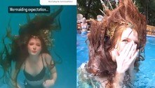 Influenciadora imita sereia em piscina e termina com cabelo gigante embaraçado em coroa 