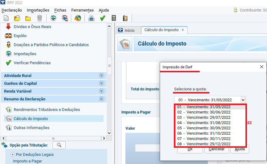 IMPOSTO A PAGAR, IRPF 2022, data das parcelas
