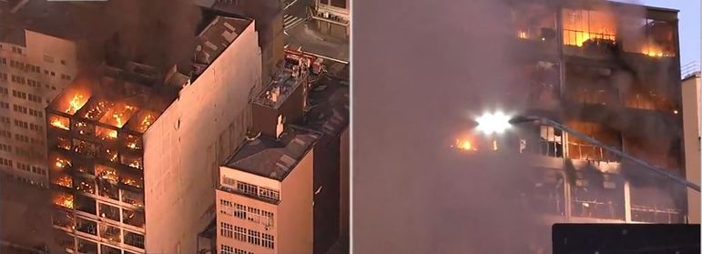 Vista aérea mostra que ainda há muitas chamas em vários andares na manhã desta segunda