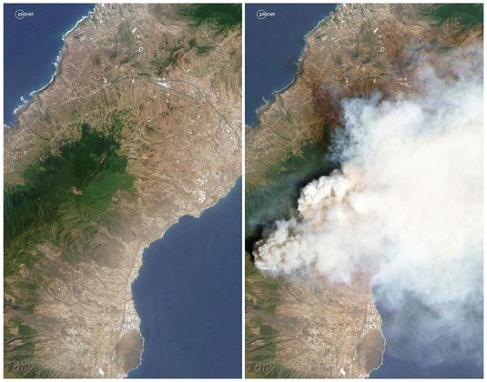 Uma combinação de imagens de satélite mostra a ilha de Tenerife (Espanha) antes e durante um incêndio florestal. À esquerda, a ilha de Tenerife em 13 de agosto; à direita, a ilha de Tenerife no dia 16