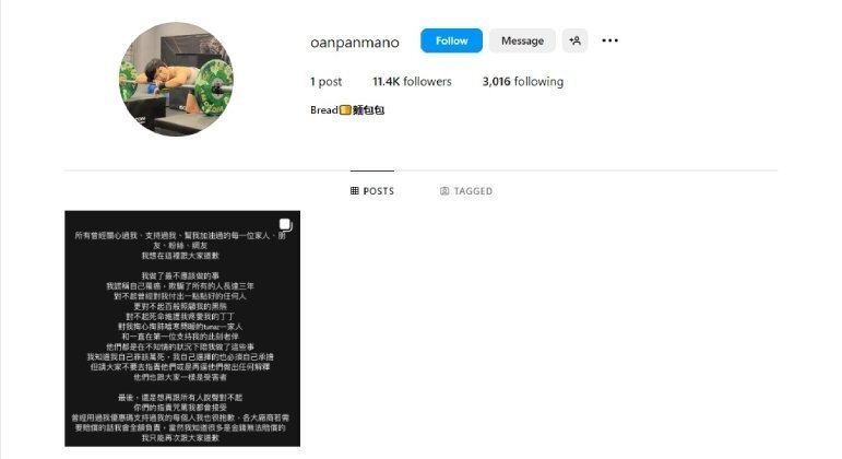 MianBaoBao deixou apenas uma mensagem no perfil que mantém no Instagram