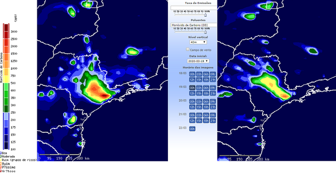 Entre 19 (à esquerda) e 25/3, emissão de CO diminuiu em grandes cidades brasileiras 