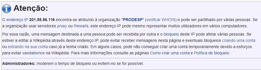 Wikipédia indica que IP utilizado pela PM é atribuído à Prodesp