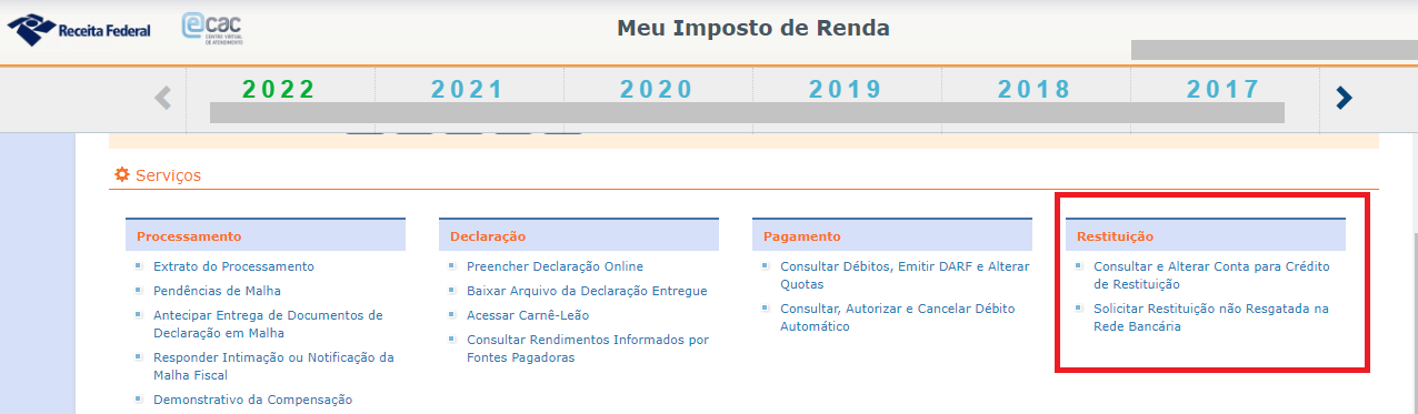 Portal e-Cac permite alterar conta para crédito da restituição e também solicitar restituição não resgatada