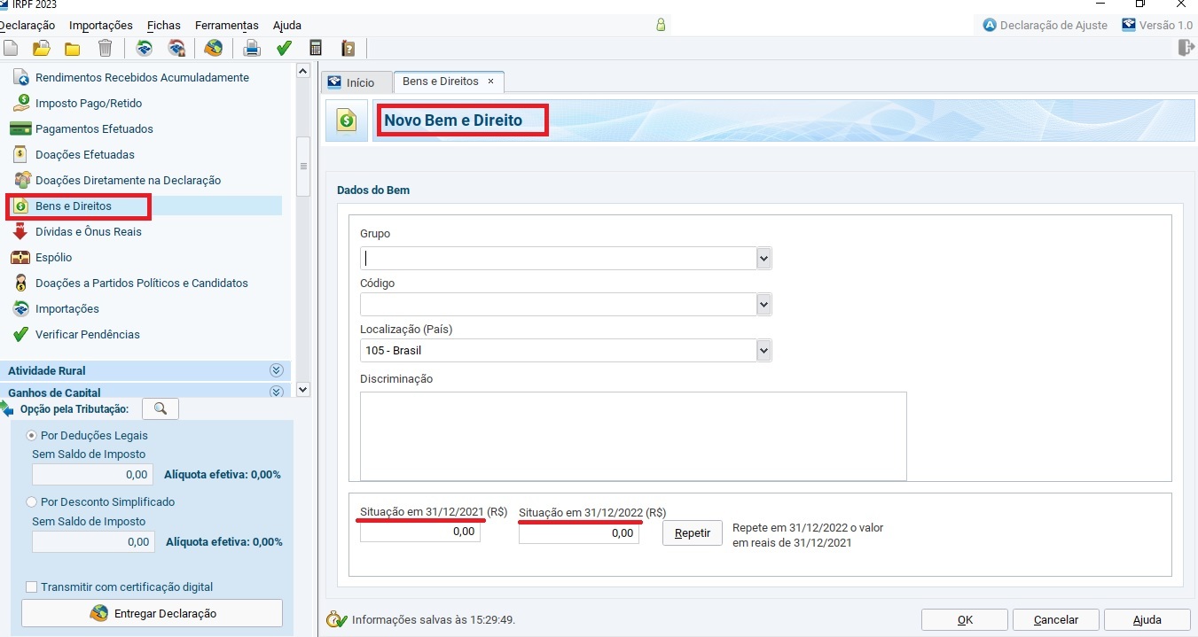 Ficha Bens e DireitosNessa ficha, o contribuinte deve informar todos os seus bens, como conta-corrente, casa, carro, aplicações financeiras, entre outros. O valor deve ser declarado pelo custo de aquisição. Atualizações de valores só podem ser feitas em caso de reforma, mas sempre com nota fiscal que prove o valor pago.Quem tem bens e direitos acima de R$ 300 mil está obrigado a fazer a declaração