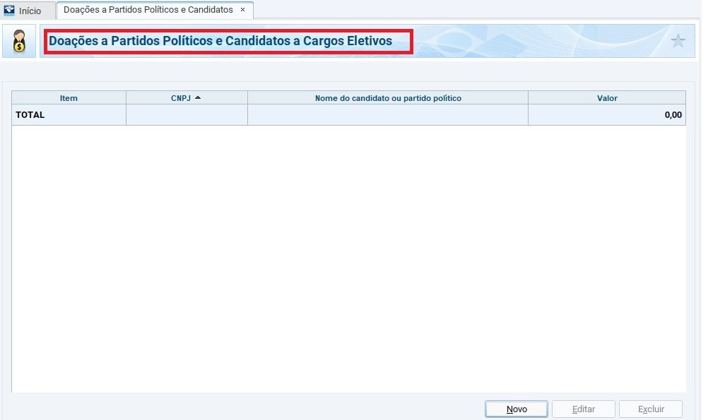 Ficha Doações a Partidos Políticos e Candidatos a Cargos EletivosAqui devem ser relacionadas as doações efetuadas a partidos políticos e candidatos