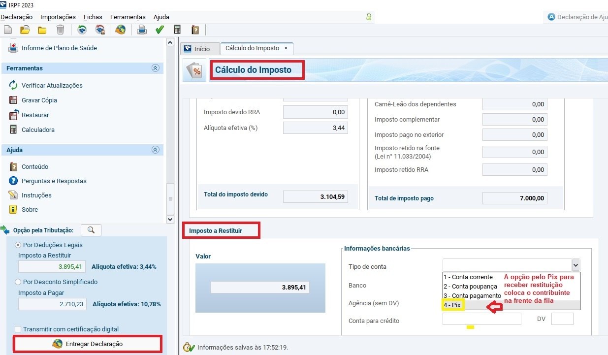 7) Entregue a declaraçãoPara fazer a entrega da declaração, basta clicar no botão'Entregar Declaração. Quem está obrigado a fazer a declaração deve enviar até as 23h59 do dia 31 de maio para não pagar multa. Ao finalizar o envio, o programa gera um recibo. O contribuinte que tiver imposto a restituir e optar pelo recebimento via Pix terá prioridade para receber a restituição. A chave Pix deve ser o CPF do contribuinte. Quem entrar em imposto a pagar deve quitar a primeira parcela ou cota única no dia 31 de maio. Quem quiser pagar o imposto via débito automático precisa fazer essa opção até o dia 10 de maio, para que a primeira parcela do imposto a pagar já seja debitada automaticamente