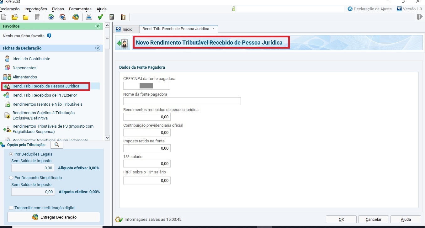 Ficha Rendimentos Tributáveis Recebidos de Pessoa JurídicaAqui o contribuinte informa todos os rendimentos que recebeu de empresa, como salário, aposentadoria, aluguel etc.  Esta ficha deve ser preenchida exatamente conforme o informe de rendimentos que recebeu da fonte pagadora, para evitar cair na malha fina.Caso haja diferença entre o que foi recebido e o que a empresa informou, o contribuinte deve pedir que a fonte pagadora retifique o informe