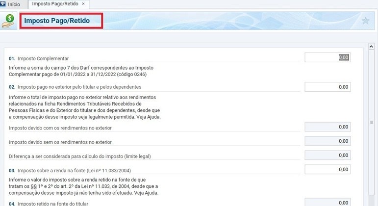 Ficha Imposto Pago/RetidoSó deve ser preenchida caso o contribuinte tenha pago algum imposto complementar ou feito antecipação de pagamento de imposto. Caso utilize os programas Carnê-Leão, por exemplo, o próprio programa consegue importar esses dados e preencher automaticamente esta ficha