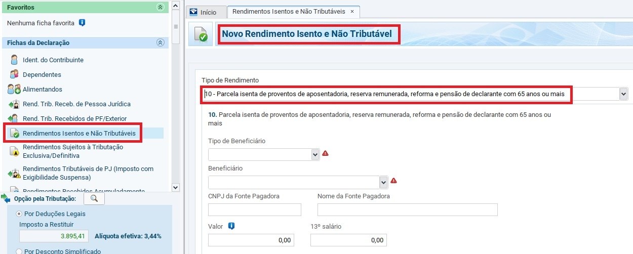 Ficha Rendimentos Isentos, linha 10