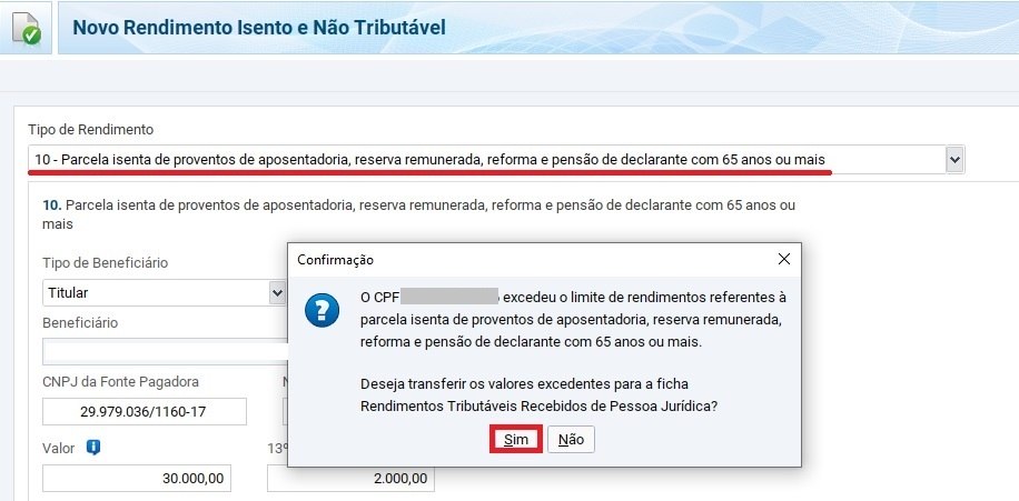 Programa informa que valor de isenção foi ultrapassado