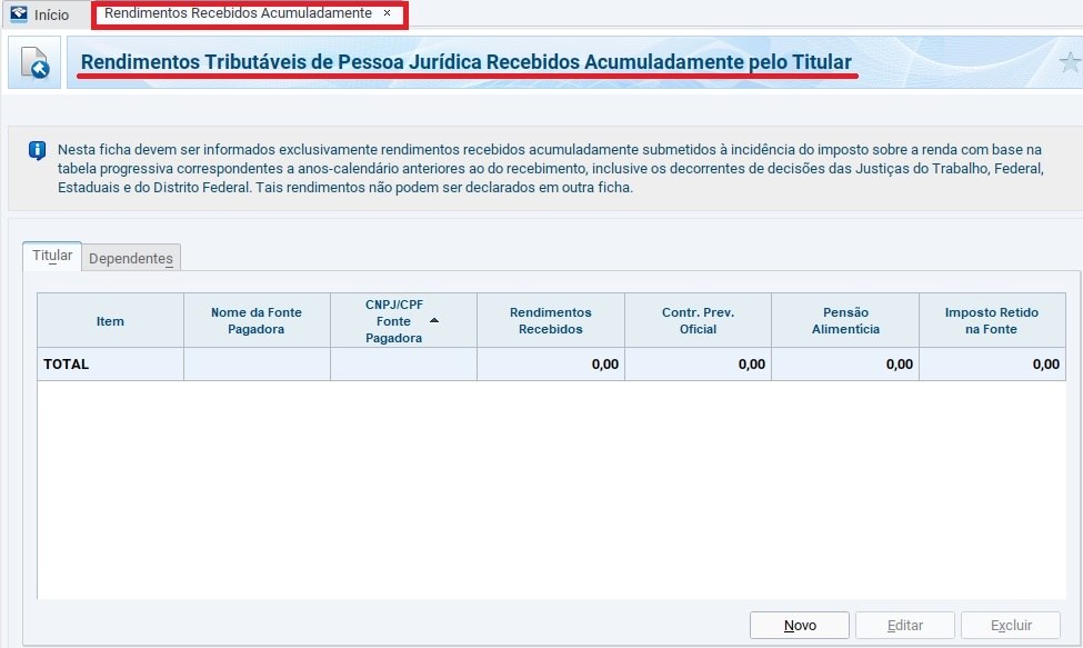 Ficha Rendimentos Recebidos AcumuladamenteEsta ficha só deve ser preenchida na hipótese de o titular ou dependente ter recebido rendimentos tributáveis de pessoa jurídica ou física de forma acumulada, relativamente a anos-calendário anteriores aos do recebimento